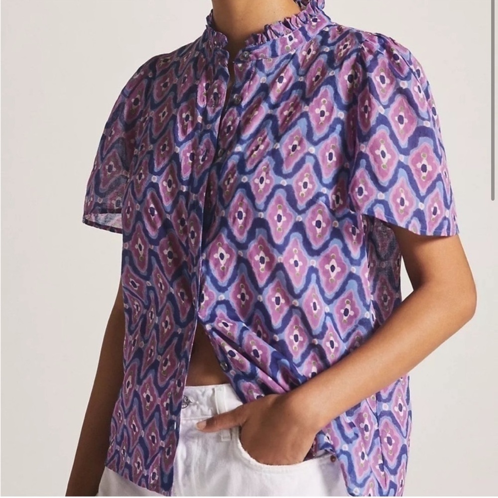 BANJANAN short sleeve patterned button up blouse xl multicolor anthropologie
